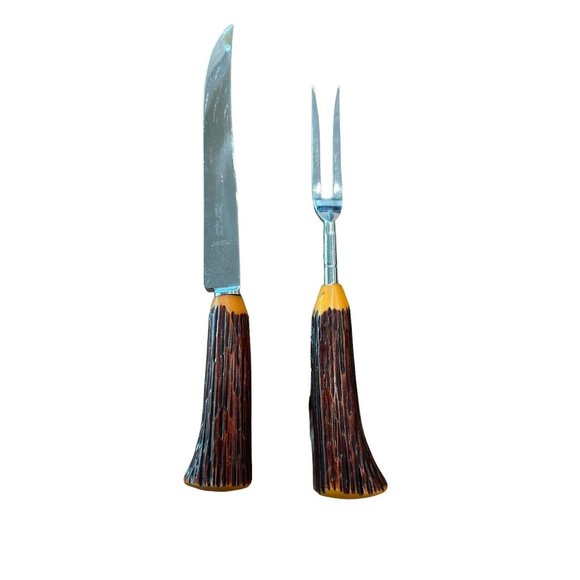 Vintage 2 pc WASHINGTON FORGE Sheffield England Carving Set Faux Wood Handles - Picture 2 of 7